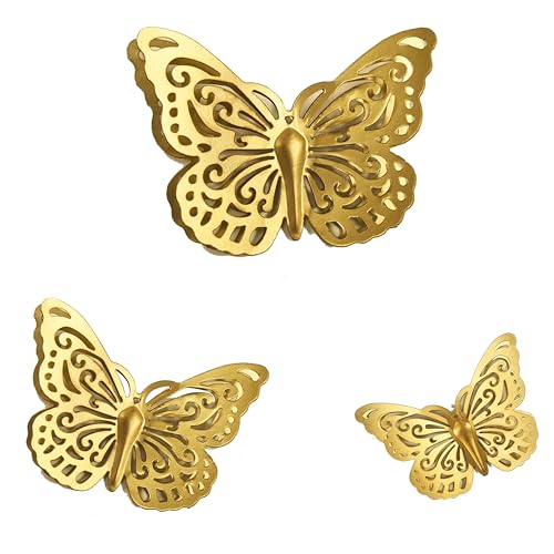 Remenna Gold Finish Metal Butterflies Wall Art Set of 3 Metal Wall Decor Butterfly Hanging Decor for Bedroom Bathroom Living Room Garden Kitchen - color: Rustic Butterfly-3