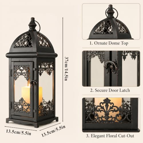 JHY DESIGN 15" High Decorative Candle Lantern Metal Candle Holder Vintage Hanging Lantern with Tempered Glass for Indoor Outdoor Home Living Room Wedding Party Patio Porch Decor (Black with Red Brush) - color: Black