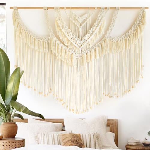 Macrame Wall Hanging Handmade Craftsmanship Woven Wall Art Boho 47" W*39" L - color: Ivory2