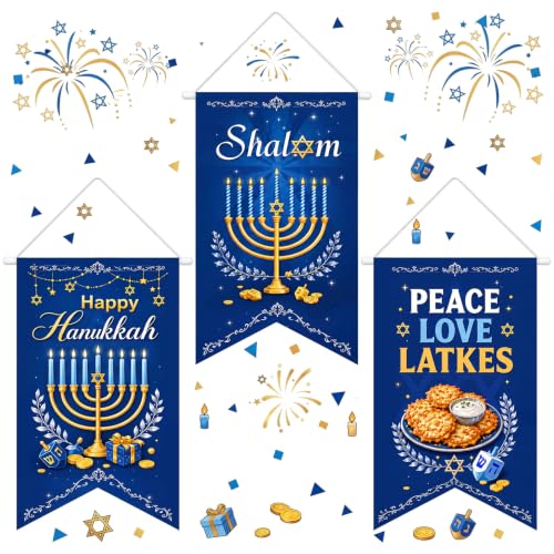 Tegeme 3 Pcs Hanukkah Door Sign Flag Chanukah Door Blue White Doors Banner - style: Chanukah