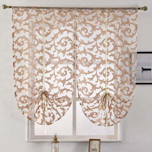 NAPEARL Tie Up Curtains, Jacquard Balloon Curtains for Kitchen Window, Ajustable Rod Pocket Sheer Curtain Valance for Bathroom Small Window, Set of 2 Panels (23W x 47L, Beige) - color: Beige, size: 23"W x 47"L (Pack of 2)