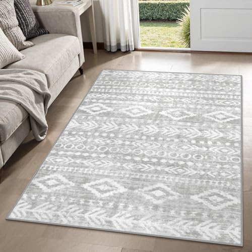 Lahome Moroccan Area Rug 3x5, Non Slip Washable Entryway Rug, Boho Grey and White Rustic Tribal Print Bedroom Rugs, Ultra-Thin Soft Indoor Carpet for Laundry Room Office Front Door Varena - color: Grey/White, size: 3' x 5'