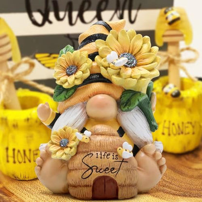 Hodao Bee Gnome Figurine Resin Sunflower Garden Decor Indoor Outdoor - style: Whimsical