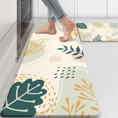 Boho Kitchen Rug Mats for Floor Cushioned Anti Fatigue Green Kitchen Rugs Sets of 2 Botanical Non Slip Waterproof Comfort Memory Foam Standing Floor Mat for Office Laundry Sink Desk - color: Beige Green, size: 46"Lx17"W+29"Lx17"W-0.3"H