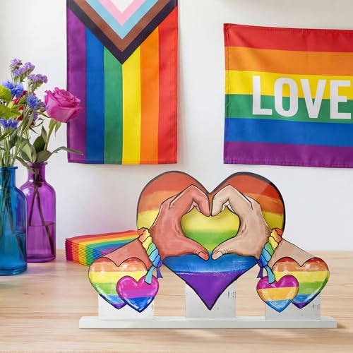 Smile Pride Month Wooden Tabletop Decor Rainbow Heart & Hand-Heart Desktop Plaques with Stands LGBTQ+ Indoor Home & Office Decor Gay Pride Gift Idea - style: Rainbow Heart