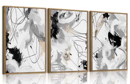 myusuar 3 Piece Large Modern Abstract Canvas Framed Wall Art For Living Room, Black And White Lines Minimalist Wall Art Decor Posters Prints For Bedroom Office, 12x16in - color: Black Line, size: 12x16in