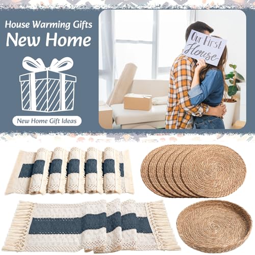 Boho Table Runner and Placemats Set, 6 Sets, Blue, 12x72 - color: Blue, size: 12x72"