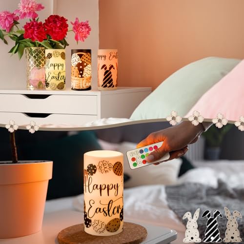 Retisee 3 Pcs Black Brown Easter Flameless LED Candles Battery Operated Bunny Spring Flickering Pillar Candles with Remote Rabbit Easter Centerpiece for Bedroom Living Room Dinner Table Decoration - style: Black Brown