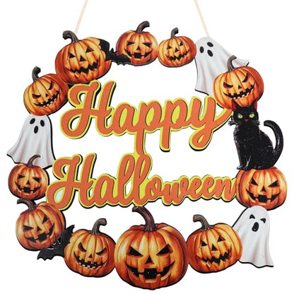Wood Wreath for Front Door Porch Window Wall Hanging Decor (Halloween) - style: Halloween