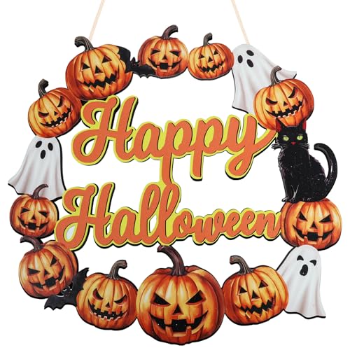 Wood Wreath for Front Door Porch Window Wall Hanging Decor (Halloween) - style: Halloween