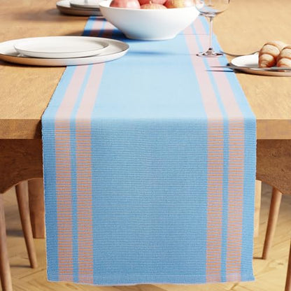 Encasa XO Table Runner, Yarn Dyed Ribbed Cotton 13"x72" - color: Ladder Blue, size: 13x72 in