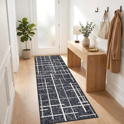 Washable Runner Rug 2x6, Modern Distressed Stripe, Kitchen Runner Rug Non Slip, Woven Thin No Shed Carpet Runners for Entryway, Kitchen, Laundry Room- Midnight Black - color: Striped-black/White, size: 2' x 6' (Runner)