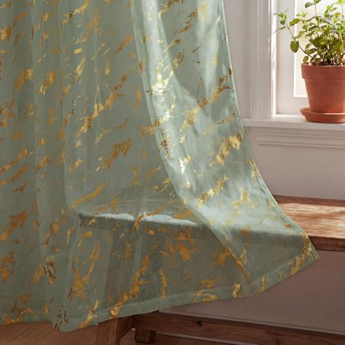 Horaldaily 2Pcs Sage Green Sheer Curtains 52x63in, Gold Sequin Marble - color: Sage Green and Gold, size: 52"W x 63"L (Pack of 2)