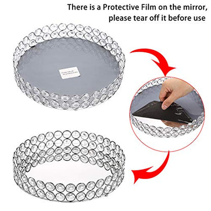Hipiwe Crystal Make up Tray, Mirror Perfume Tray Bathroom Storage Trays Jewelry Trinket Trays Vanity Cosmetic Organizer Home Decor, Birthday Gift for Women(Round 9.8 Inch)