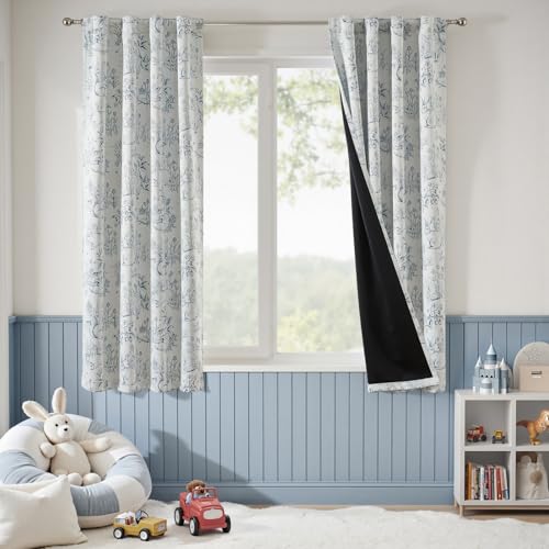 jinchan Blue Blackout Curtains W38xL63 Woodland Back Tab 2 Panels - color: Blue on Beige, size: 38"W x 63"L (Pack of 2)