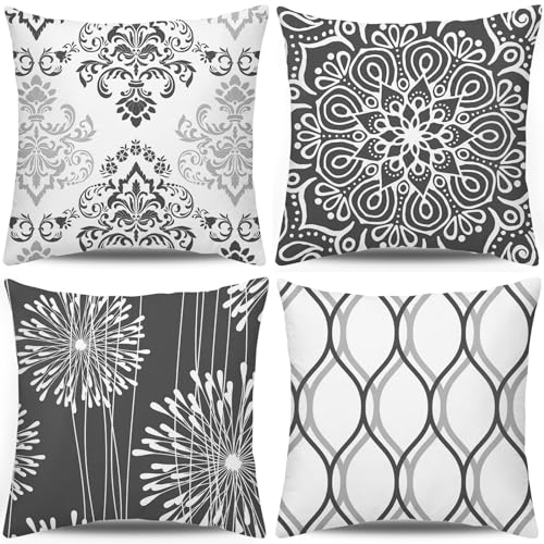 Coliuso Decorative Throw Pillow Covers 18x18 Set of 4, Dark Grey and White Modern Simple Square Pillow Case Cushion Cover for Sofa Couch Farmhouse Outdoor Living Room (Dark Gray and White, 18x18 inch) - color: Dark Grey, size: 18" x 18" (Pack of 4)