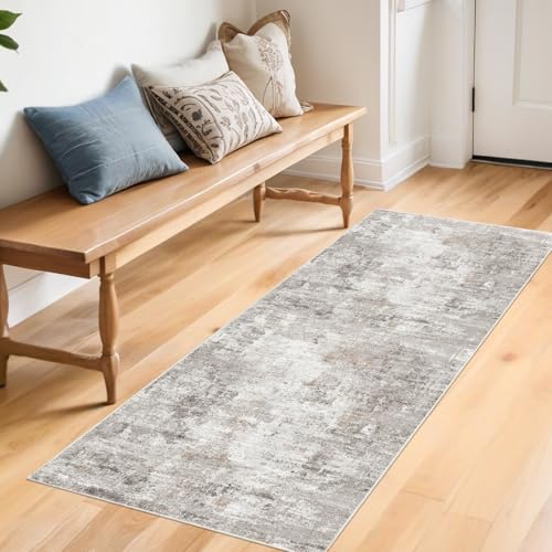 2x5 Rug Runner Non-Slip Washable – Modern Neutral Abstract Small Rug for Hallway, Kitchen, Bathroom, Bedroom, Entryway, Laundry Room – Thin Soft Low-Pile Rubber Backing (Beige/Grey) - color: Beige/Grey/Brown, size: 2' x 5' (Rectangular)