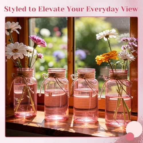 Mason Jar Glass Vases 6 Pack, Pink Flower Vase for Centerpieces - color: Pink