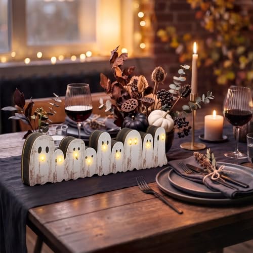 Yousoontic Halloween Ghost Decor, Light up Wooden Ghosts Table Centerpiece - style: Ghost