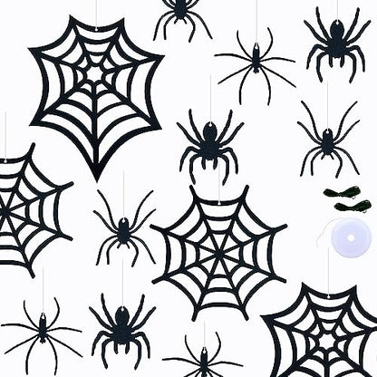 SaktopDeco 33 PCS Hanging Spider Decorations Spider Ornament Black Felt Spider Web Halloween Decorations for DIY House Decor