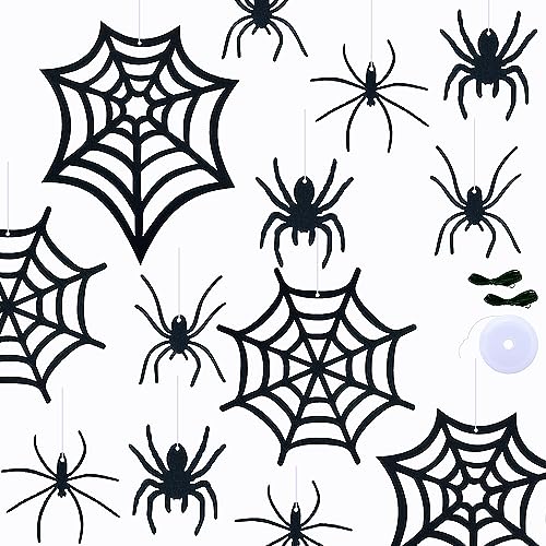 SaktopDeco 33 PCS Hanging Spider Decorations Spider Ornament Black Felt Spider Web Halloween Decorations for DIY House Decor
