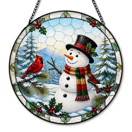 Snowman Cardinal Bird Suncatcher Stained Glass Window Hanging, Winter Christmas Snowy Forest Scene Sun Catchers Indoor Window Glass Round Wall Decor, Xmas Wall Art Hanging Decorations 7.8x7.8 - color: Christmas_16