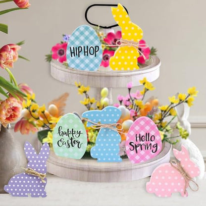 7Pcs Easter Decorations for Home - Wooden Bunny Eggs Tiered Tray Decor - Spring Easter Table Centerpieces Signs for Indoor Mantel Office - style: 7 PCS Bunny Egg