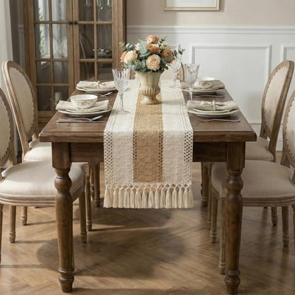 Boho Macrame Table Runner with Tassels 72in Brown Farmhouse Runner - color: White & Brown, size: 12'' x 72''
