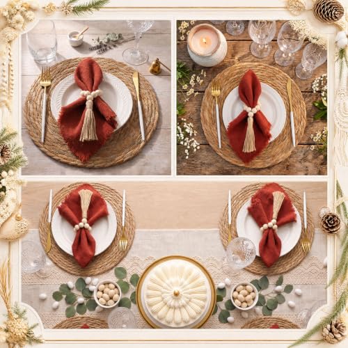 Fanfanwin Set of 6 Boho Woven Placemats with Rust Red Napkins, 13 in - color: Rust Red