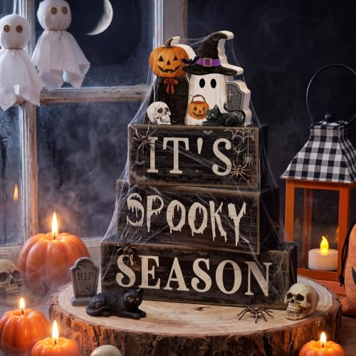 Moucuny 4 Pcs Halloween Table Decor Pumpkin Ghost Wood Stacked Block Decor - style: Spooky