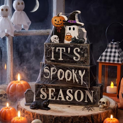 Moucuny 4 Pcs Halloween Table Decor Pumpkin Ghost Wood Stacked Block Decor - style: Spooky