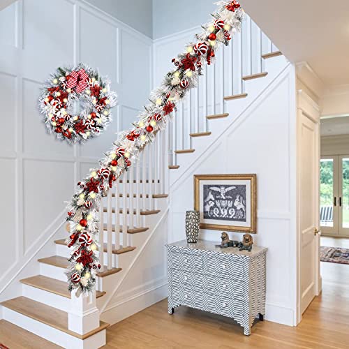 WANNA-CUL Pre-Lit 9ft Christmas Garland with Lights 50 LED Red White Bauble - color: 04-red White