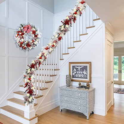 WANNA-CUL Pre-Lit 9ft Christmas Garland with Lights 50 LED Red White Bauble - color: 04-red White