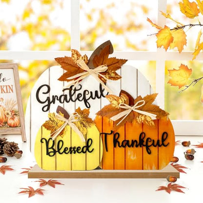 Fall Decorations for Home, Wooden Pumpkin Tabletop Sign Blessed Grateful Thankful Fall Decor for Home Farmhouse Living Room Harvest Day Thanksgiving Decor