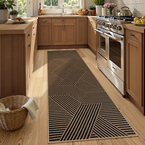 Lahome Modern Black and Brown Runner Rug, 2x8 Entryway Runner Rug Non Slip - color: Black/Nature Geometric-2, size: 2'6" x 8' (Runner)