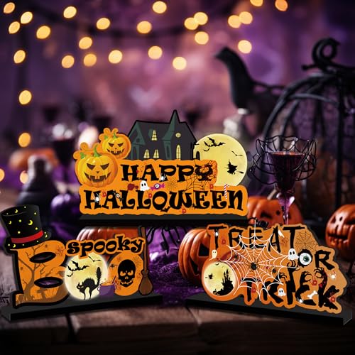 3Pcs Halloween Table Decorations - Happy Halloween Table Wooden Centerpiece Signs, Trick or Treat Wooden Sign, Boo Spooky Signs for Party Dinner Room Decor
