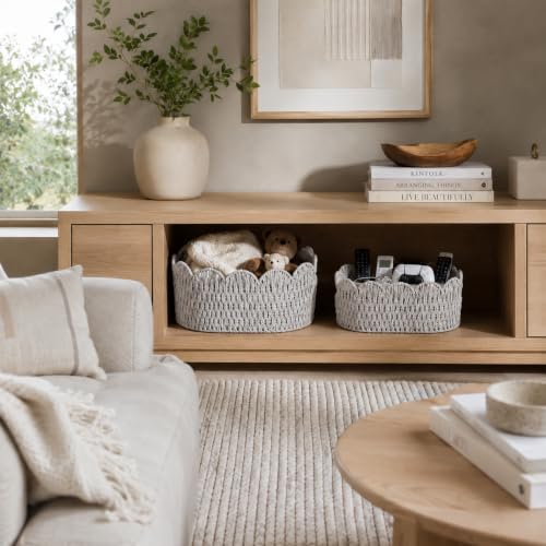 Endymion Set of 2 Paper Rope Scalloped Basket, Wicker Storage Baskets - color: Grey
