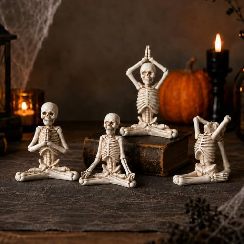 Halloween Yoga Skeletons Statue Set of 4 Skull Figurines Decorations Decor - color: White