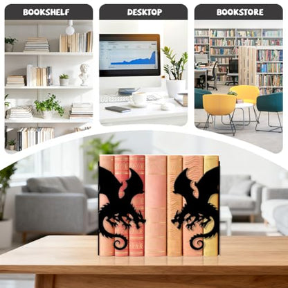 Peacoblue 5.5"x4.3"x8.3" Metal Bookends, Heavy Duty Book Ends for Shelves - style: Dragon with Castle and Moon