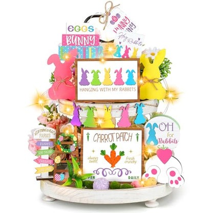 Menkxi 15 Pcs Easter Spring Tiered Tray Decor Set Bunny Wooden Table Sign Easter Tiered Tray Decorations Farmhouse Tabletop Sign for Home Kitchen(Bunny) - style: Bunny