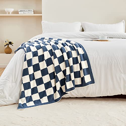 CozeCube Dusty Blue White Reversible Checkered Knit Throw Blanket 50"x60" - color: Dusty Blue and White, size: 50"x60"