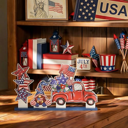 Smile Patriotic Wooden Standing Decor Set, 3-Piece 4th of July Tiered Tray Tabletop Signs with Red Truck, Gnome & Star Stack for Independence Day - style: 4th of July