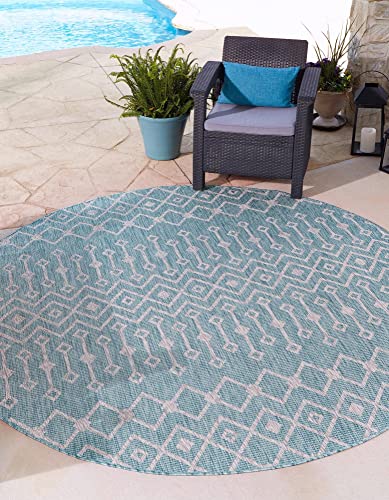Unique Loom Outdoor Trellis Collection Area Rug - Tribal Trellis (3' 3" Round, Aqua/ Ivory) - color: Aqua/Ivory, size: 3'3" (Round)