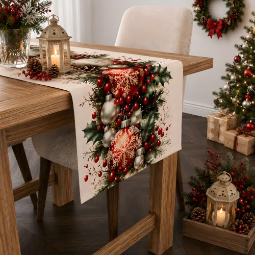 Christmas Decorations - Xmas Balls Snowflake Pine Cone Table Runner - color: Christmas Balls Snowflake