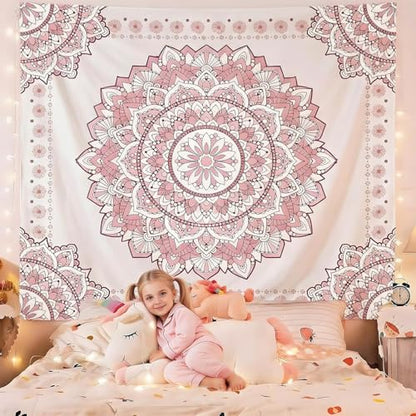 Pink Mandala Tapestry for Bedroom Aesthetic, Boho Art Large Wall Hanging - color: A Pink Mandala Tapestry, size: 90"L x 71"W