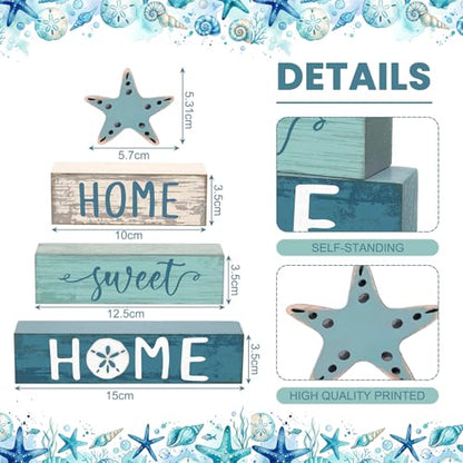 Cinnvoice 4 Pcs Beach Summer Starfish Wooden Block Coastal Tiered Tray - style: Starfish