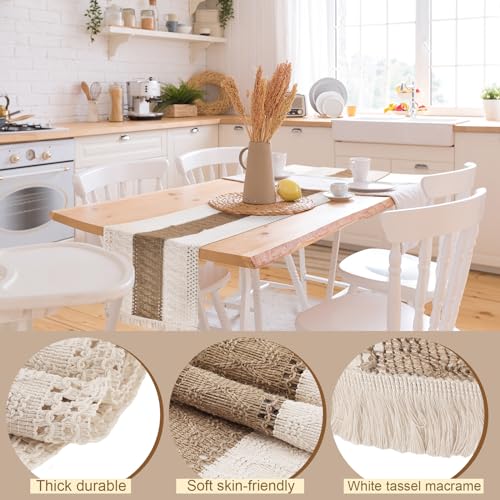 7 Pcs Boho Table Runners and Boho Round Placemats Splicing Woven Macrame Table Runner with Tassels Farmhouse Dining Decor for Christmas Wedding Kitchen Dining(12 x 108 Inch)