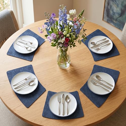 Faux Leather Set of 6, Placemats with Carving Floral Design - color: Dark Blue