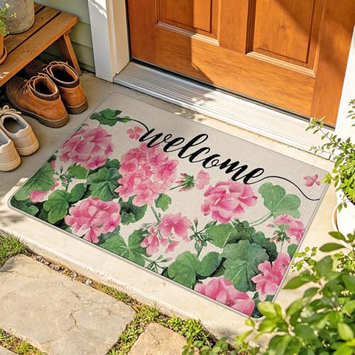 Welcome Spring Summer Geranium Flower Decorative Front Door Mat - color: Pink, size: 1'5" X 2'5" (Rectangular)
