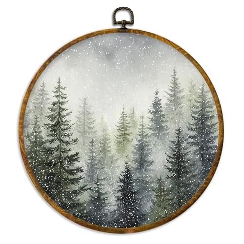 XPH Rustic Christmas Forest Tree Round Wall Art Framed, Farmhouse Winter Pine Tree Landscape Circle Wall Decor, Cozy Winter Hanging Canvas Prints for Home Bedroom Living Room Decoration, 10x10 Inch - color: Christmas 11